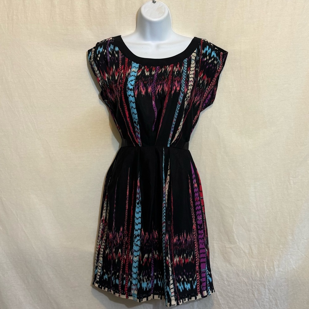 C-37 BeBop Black & Colorful Print Short Sleeve MIDI Dress Size S